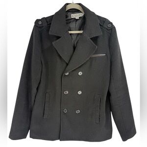 Signify Men’s Black Pea Coat Wool Blend Double Breasted Military Jacket Size M